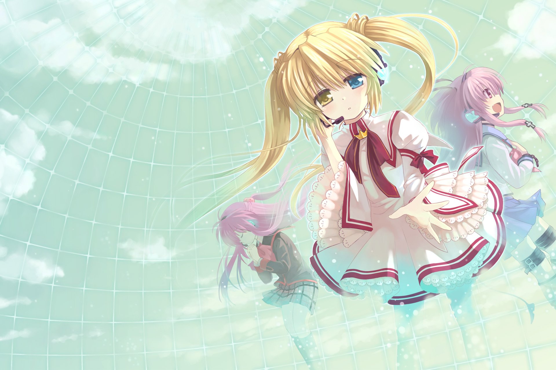 HD anime desktop wallpaper featuring Shizuru Nakatsu and Kanata Futaki from Rewrite, alongside Yui from Angel Beats! in a bright, sky-themed crossover scene.