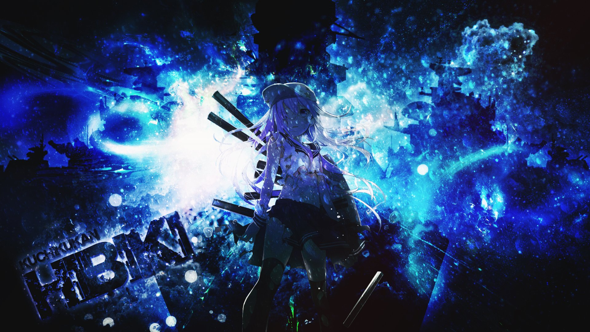 A vibrant HD wallpaper featuring Hibiki from Kantai Collection, surrounded by dynamic blue and cosmic visuals, capturing the essence of anime aesthetics.