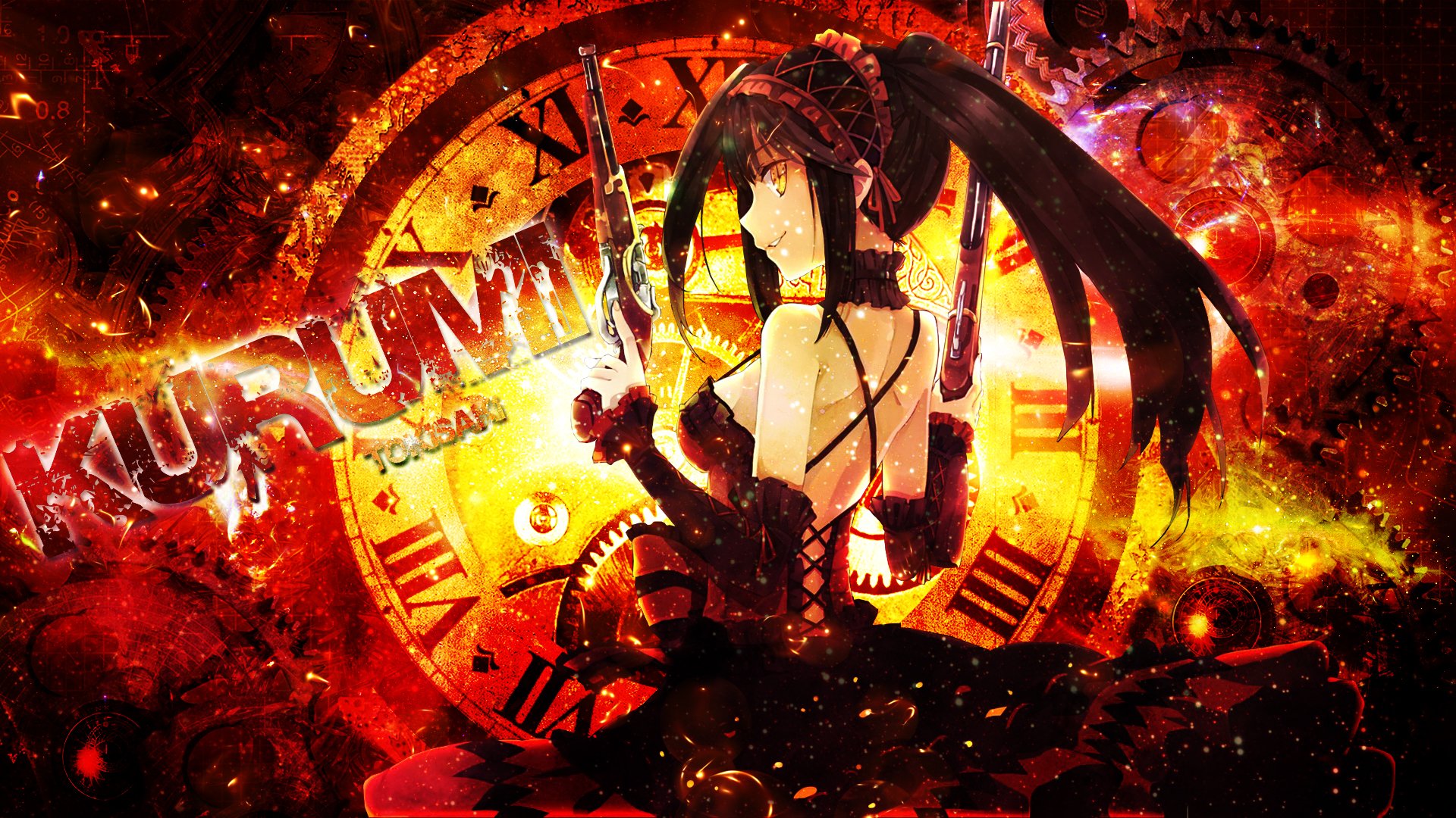 HD desktop wallpaper featuring Kurumi Tokisaki from the anime Date A Live. The background showcases a vibrant, fiery scene with a large clock face, adding depth and intensity to Kurumi's presence.