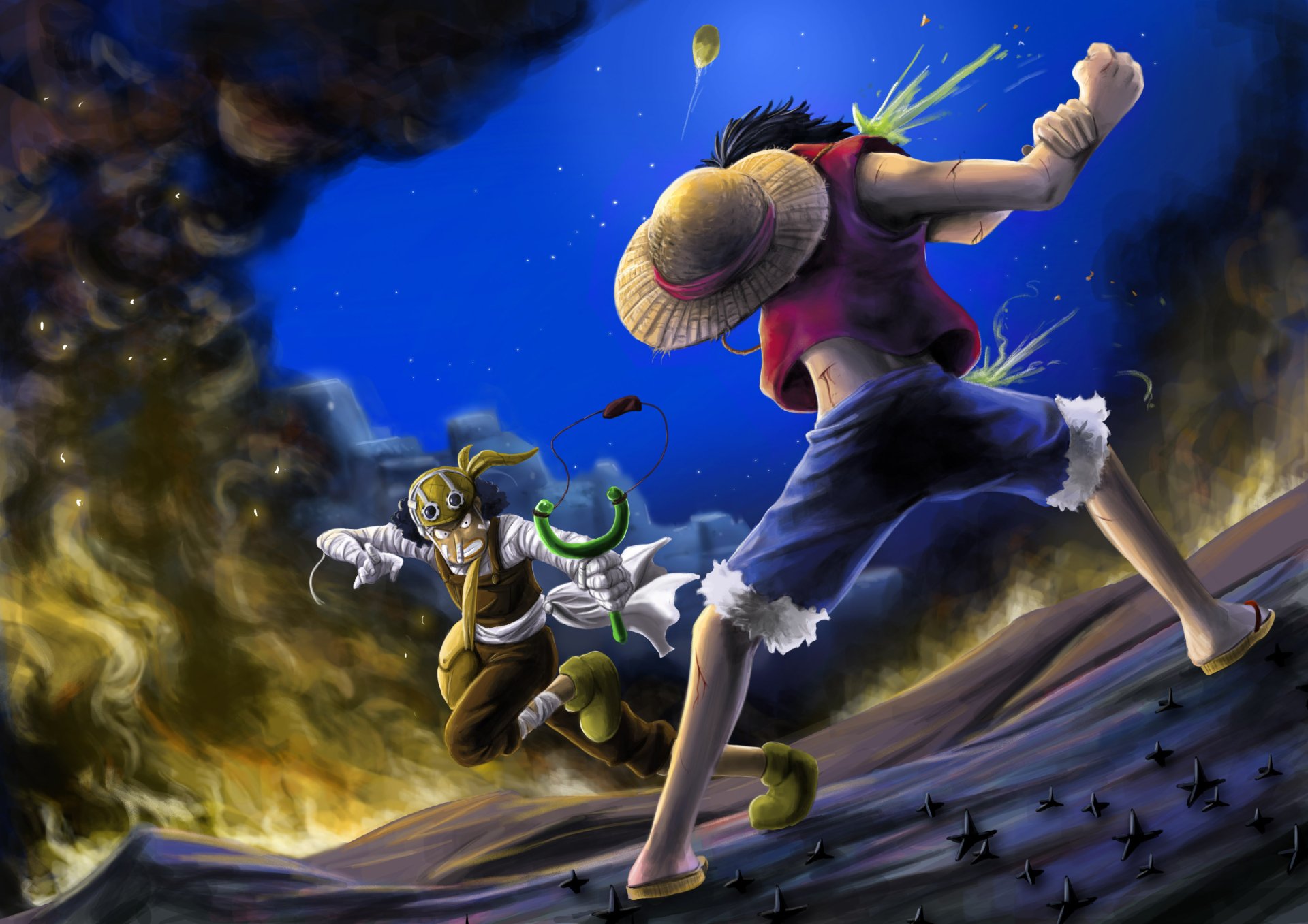An action-packed HD wallpaper featuring Usopp and Monkey D. Luffy from One Piece, showcasing their vibrant characters against a dynamic background.