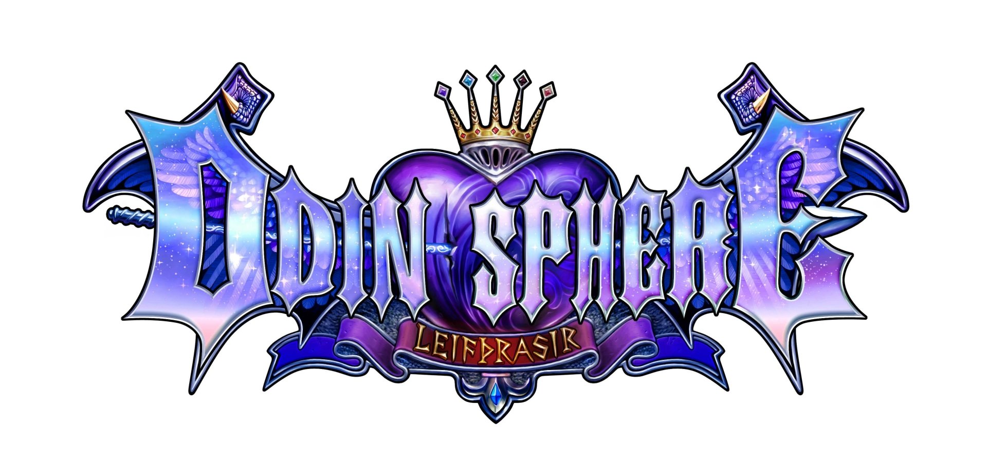 HD desktop wallpaper of Odin Sphere Leifthrasir logo with stylized lettering and crown emblem on a white background.