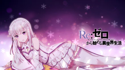 HD desktop wallpaper featuring Emilia from the anime Re:Zero - Starting Life in Another World. The background has a purple hue with snowflakes and the Re:Zero logo prominently displayed.