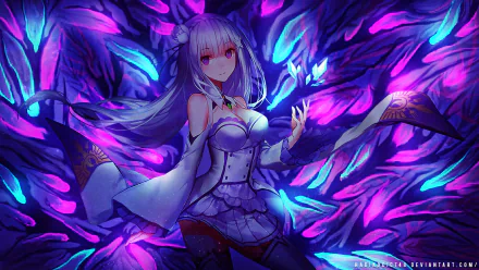 HD wallpaper featuring Emilia from Re:Zero - Starting Life in Another World. She stands with long, flowing hair amidst vibrant, neon-like floral patterns, blending anime aesthetics with fantasy elements.