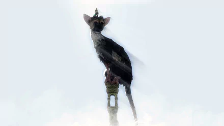 A captivating HD wallpaper from The Last Guardian, featuring a majestic creature perched atop a stone pillar against a soft, ethereal background.