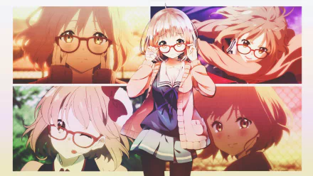HD wallpaper featuring Mirai Kuriyama from Kyoukai no Kanata (Beyond the Boundary), showcasing her in various expressive poses with a vibrant, anime-inspired background.