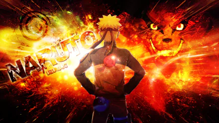 A dynamic HD wallpaper featuring Naruto Uzumaki, standing confidently with a powerful background of Kyūbi, showcasing vibrant colors and intense energy from the anime series Naruto.