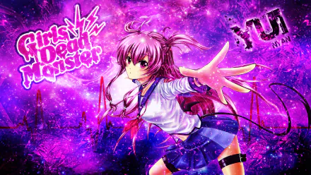 HD anime desktop wallpaper featuring Yui from Angel Beats! in a vibrant purple and pink background with dynamic lighting and Girls Dead Monster logo.