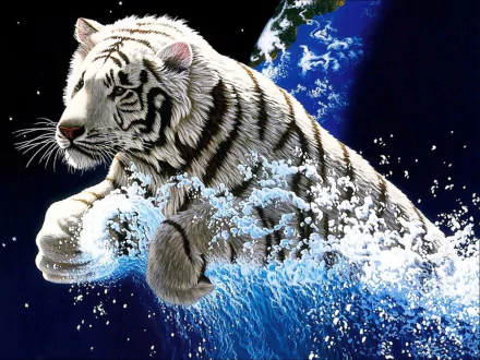 HD desktop wallpaper of a majestic white tiger surrounded by splashing water, set against a dark background.