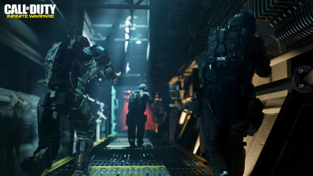 HD PC desktop wallpaper featuring soldiers in tactical gear from the video game Call of Duty: Infinite Warfare navigating a dimly lit industrial corridor.