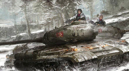 A vibrant HD wallpaper featuring Nonna and Clara from *Girls und Panzer*, set against a snowy backdrop with a tank, capturing the essence of anime warfare.