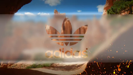 HD desktop wallpaper featuring the Adidas logo with a scenic background of rock formations under a blue sky. The composition integrates both natural and man-made elements seamlessly.