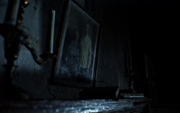 Dark, moody HD PC desktop wallpaper from the video game Resident Evil 7: Biohazard, showing a shadowed portrait on a grimy mantel in a decaying, dimly lit room.