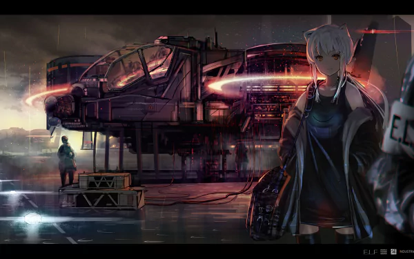 A stunning HD anime and sci-fi wallpaper depicting a futuristic scene with a character standing near a sleek aircraft, surrounded by an atmospheric, industrial setting.