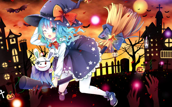 A vibrant HD wallpaper featuring Yoshino from *Date A Live*, capturing a whimsical Halloween scene with a witch hat, broom, and playful elements against a spooky background.