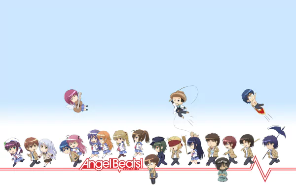A colorful HD desktop wallpaper featuring characters from the anime Angel Beats!, set against a serene blue background with a decorative red line.