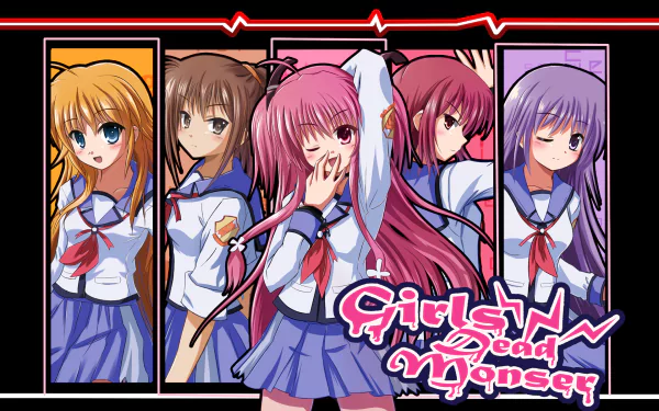 Anime-themed HD wallpaper featuring characters from Angel Beats! including Yui, Shiori Sekine, Masami Iwasawa, Miyuki Irie, and Hisako, set against a vibrant backdrop.