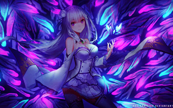 HD wallpaper featuring Emilia from Re:Zero - Starting Life in Another World. She stands with long, flowing hair amidst vibrant, neon-like floral patterns, blending anime aesthetics with fantasy elements.