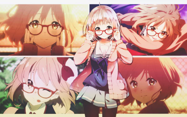 HD wallpaper featuring Mirai Kuriyama from Kyoukai no Kanata (Beyond the Boundary), showcasing her in various expressive poses with a vibrant, anime-inspired background.
