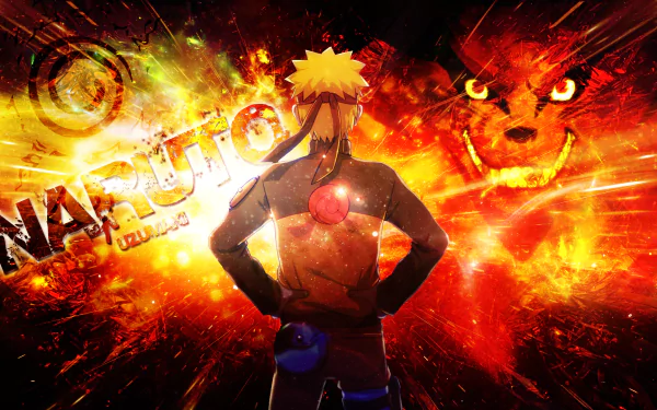 A dynamic HD wallpaper featuring Naruto Uzumaki, standing confidently with a powerful background of Kyūbi, showcasing vibrant colors and intense energy from the anime series Naruto.