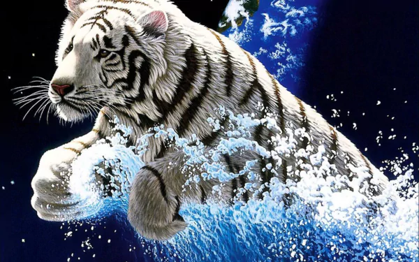 HD desktop wallpaper of a majestic white tiger surrounded by splashing water, set against a dark background.