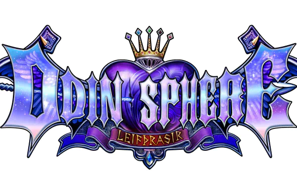 HD desktop wallpaper of Odin Sphere Leifthrasir logo with stylized lettering and crown emblem on a white background.