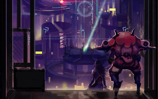 D.Va from Overwatch stands in her mech, gazing at a vibrant, futuristic cityscape filled with neon lights and high-tech elements, creating a striking HD desktop wallpaper.