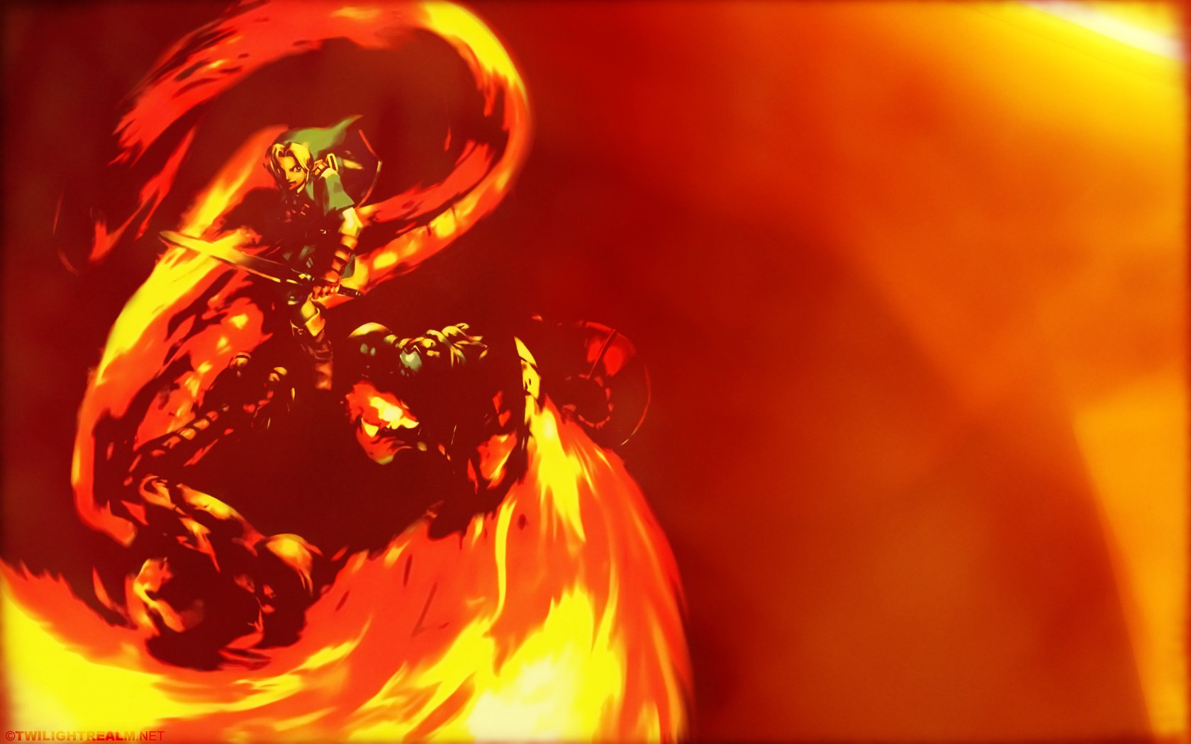 HD PC desktop wallpaper featuring fiery artwork inspired by The Legend of Zelda: Ocarina of Time video game.