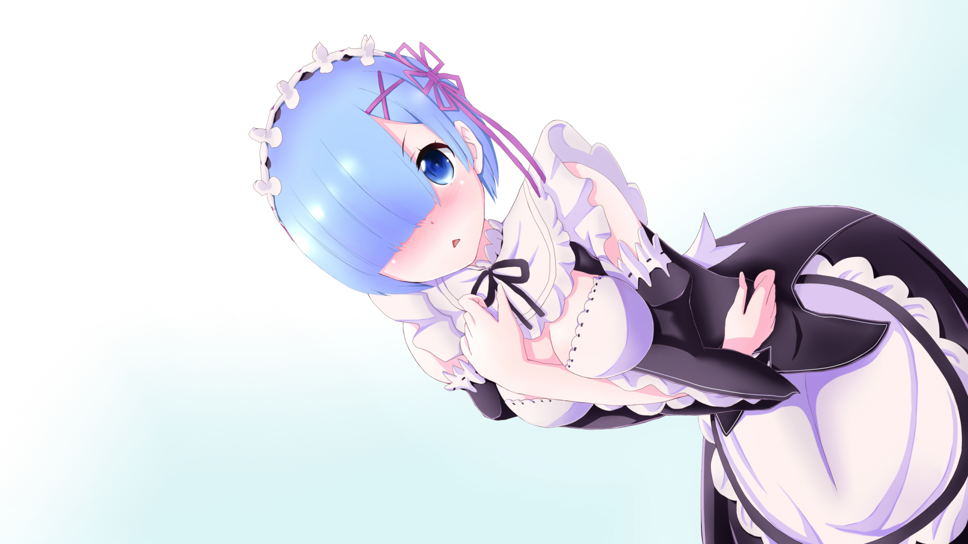 HD desktop wallpaper featuring Rem from *Re:ZERO - Starting Life in Another World*, showcasing her iconic maid outfit and captivating blue hair in a vibrant, whimsical design.