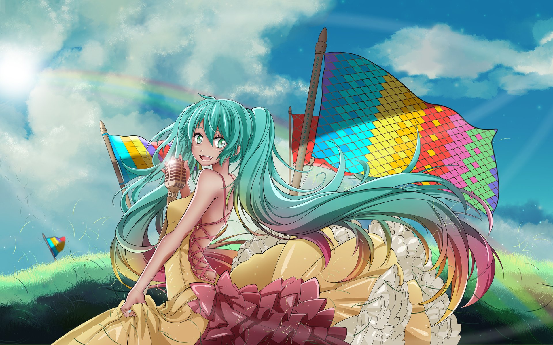 Hatsune Miku (Anime Vocaloid) with flowing teal twin-tails and a colorful gown, holding a microphone on a grassy hill beneath blue skies and a rainbow — 2K Quad HD PC desktop wallpaper.