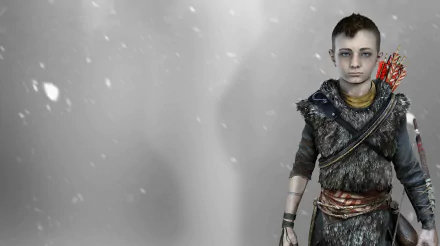 HD desktop wallpaper featuring a character from God of War (2018) video game, standing in front of a snowy background.