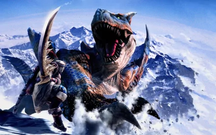 HD desktop wallpaper featuring a fierce Tigrex from Monster Hunter roaring, with a hunter wielding a long sword in an icy mountainous setting.