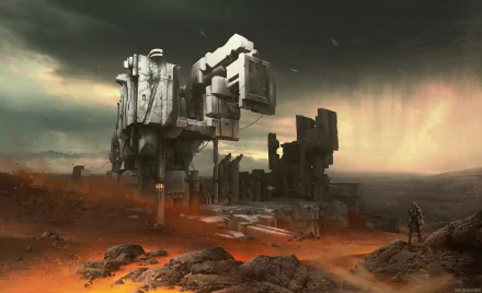 Futuristic sci-fi building stands amidst a vast desert landscape under a moody sky, captured in an HD PC desktop wallpaper and background.