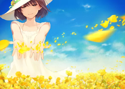 Anime, Original 2K Quad HD PC Desktop Wallpaper and Background: smiling girl in a white dress and sunhat scatters yellow petals over a bright field beneath a clear blue sky.