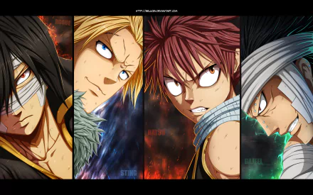 HD wallpaper featuring Gajeel Redfox, Natsu Dragneel, Sting Eucliffe, and Rogue Cheney from the anime Fairy Tail, showcasing their intense expressions and dynamic poses.