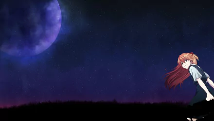 HD PC desktop wallpaper featuring Asuka Langley Sohryu from the anime Neon Genesis Evangelion against a starry night sky with a large moon.