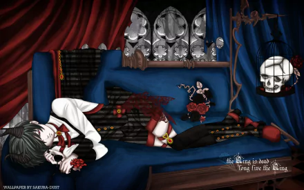 An HD desktop wallpaper featuring Ciel Phantomhive from the anime Black Butler. He reclines on a plush couch adorned with rich fabrics and a haunting background.