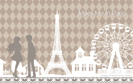 A stylish HD wallpaper featuring Banri Tada and Kaga Kouko from the anime Golden Time, set against a silhouette of Paris landmarks with the text Meet Me in Paris.