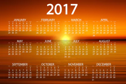 2017 calendar over a vibrant orange sunset background, designed as an HD PC desktop wallpaper celebrating the New Year 2017 holiday.