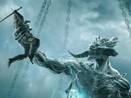 A dramatic HD wallpaper from The Elder Scrolls Online, featuring a colossal, ghostly creature wielding a sword and chains, set against a stormy backdrop.
