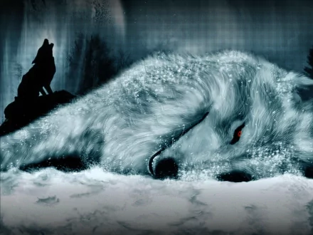 A HD desktop wallpaper featuring an anime scene from Wolf's Rain, depicting a large, snowy white wolf lying down with a silhouette of a howling wolf in the background.