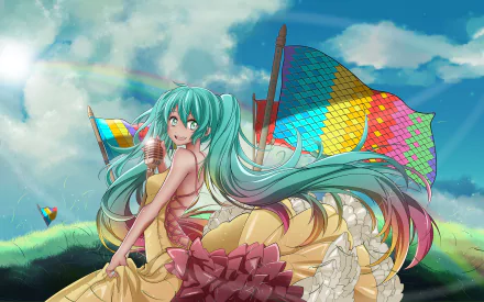 Hatsune Miku (Anime Vocaloid) with flowing teal twin-tails and a colorful gown, holding a microphone on a grassy hill beneath blue skies and a rainbow — 2K Quad HD PC desktop wallpaper.