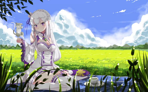 Emilia from Re:ZERO sits gracefully in a vibrant green field, surrounded by lush grass and a bright blue sky, accompanied by a playful creature. A serene anime scene for desktop backgrounds.