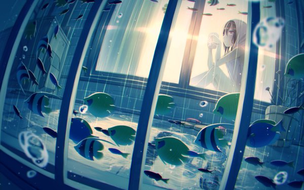 Anime Original Long Hair Black Hair Aquarium Fish Sunbeam Water Hoodie Red Eyes HD Wallpaper | Background Image