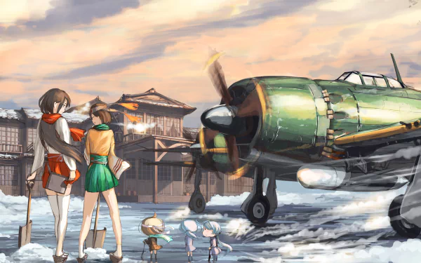 HD anime desktop wallpaper featuring Fairy, Hiryuu, and Akagi from Kantai Collection standing by a vintage green aircraft at sunset.
