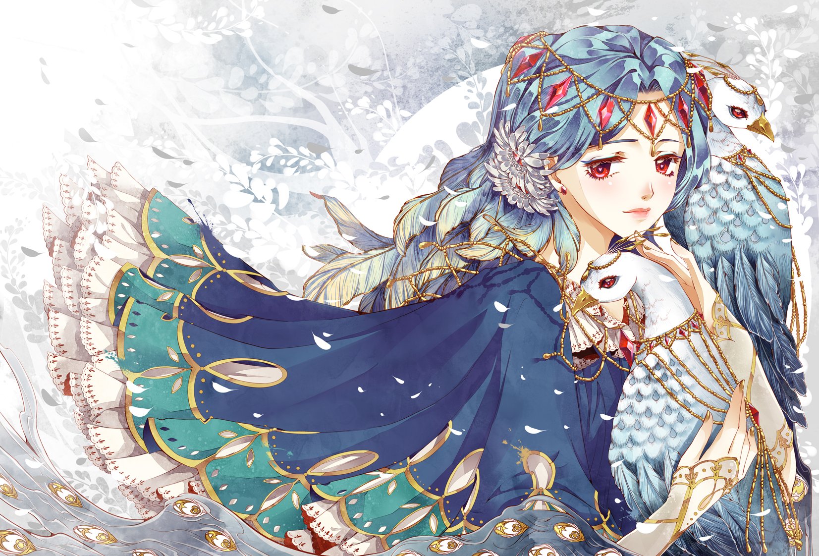 Anime-style artwork featuring a character with long blue hair, red eyes, wearing a feathered headdress, smiling gently while holding a bird, set against a soft, snowy background.