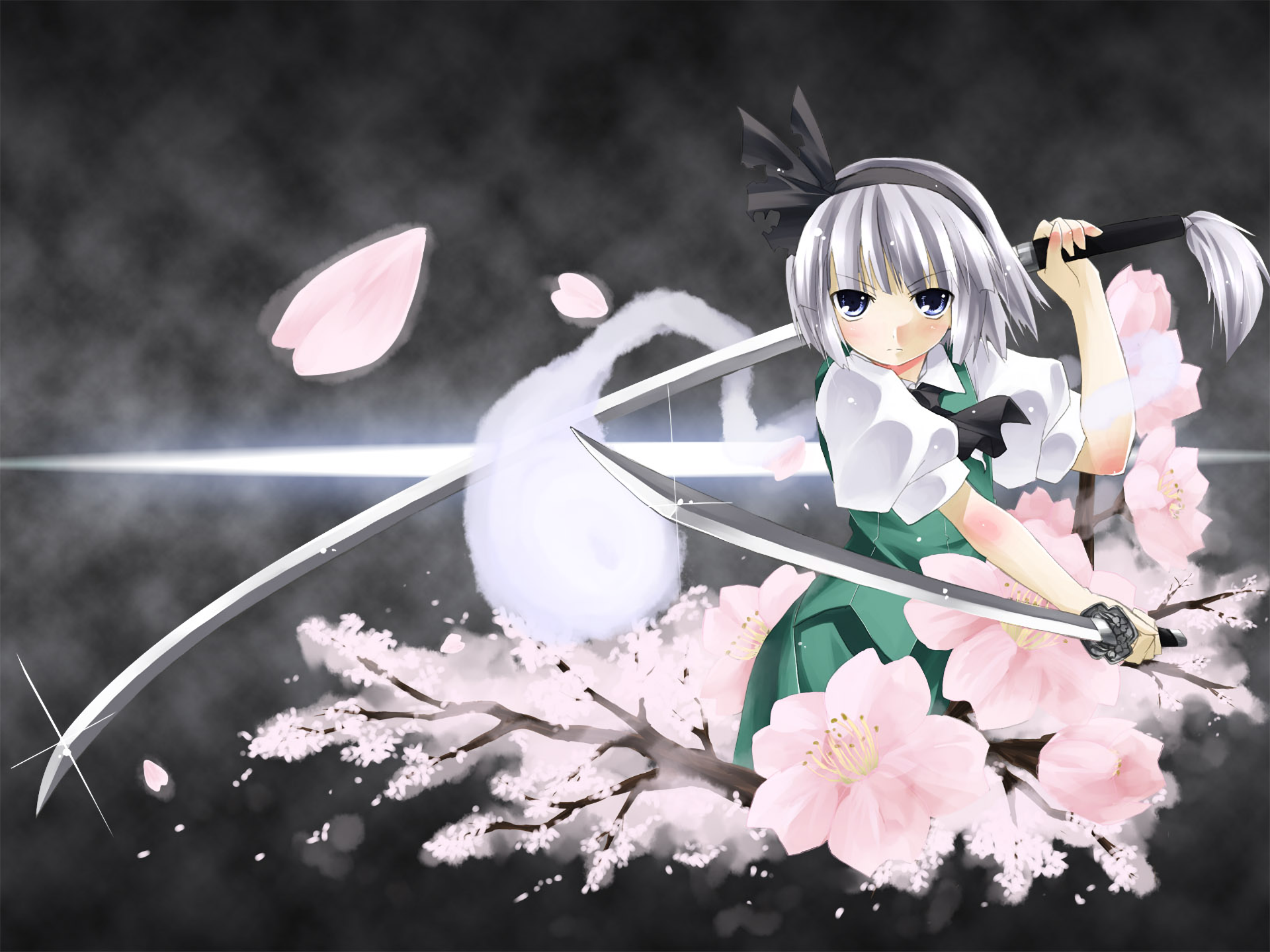 HD PC desktop wallpaper of Youmu Konpaku (Myon) from Touhou: anime-style Youmu brandishing her sword among pink cherry blossoms and swirling spirit energy on a smoky gray background.