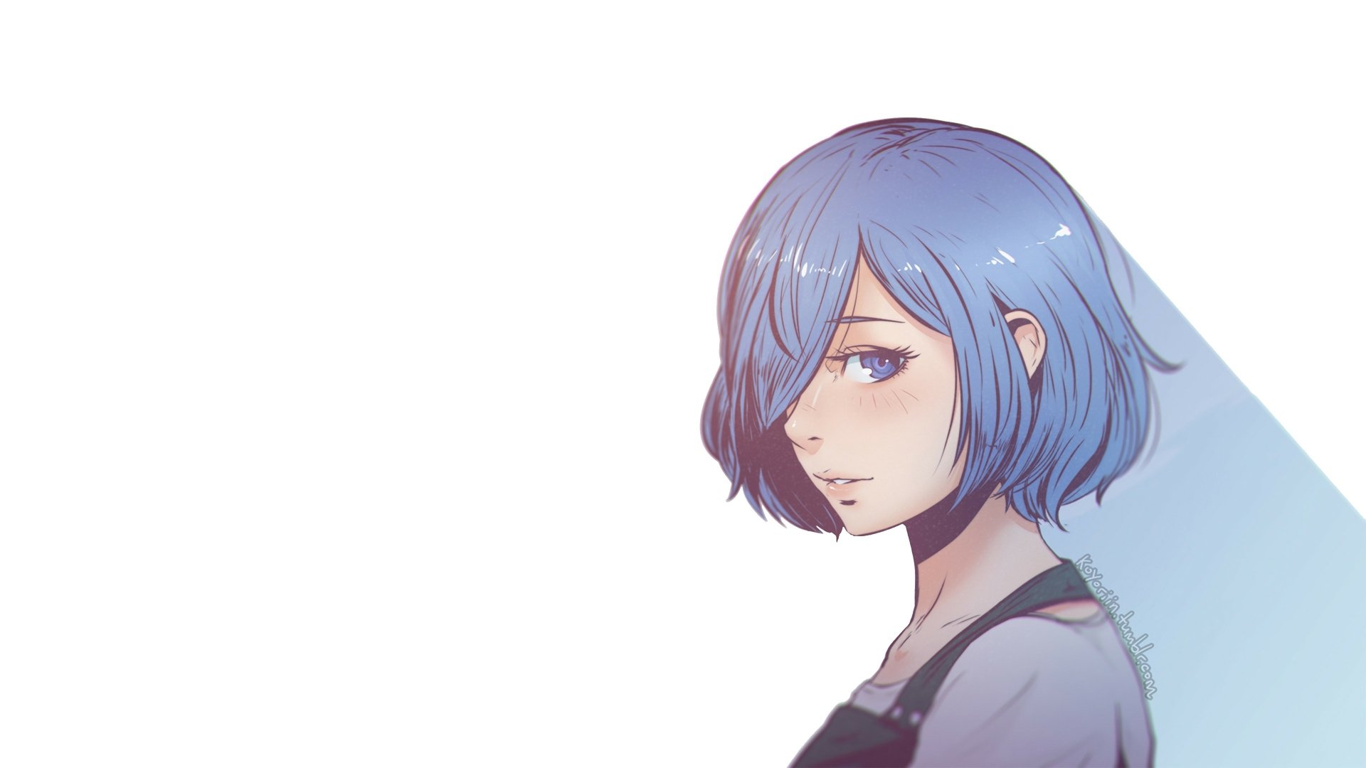 HD desktop wallpaper featuring Touka Kirishima from Tokyo Ghoul, with blue hair and blue eyes, rendered in anime style.