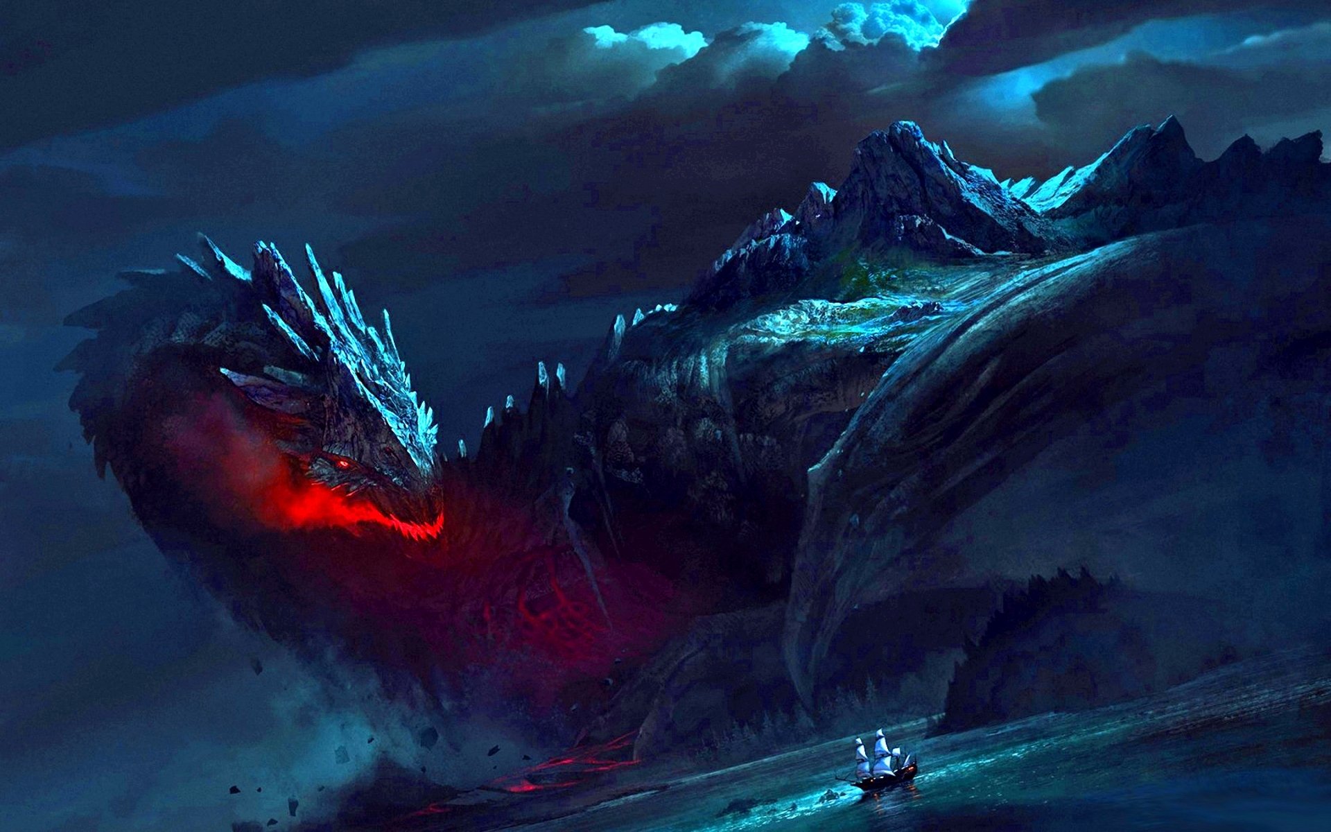 HD fantasy PC wallpaper featuring a massive, glowing red-eyed dragon looming over snowy mountains beneath a stormy night sky.
