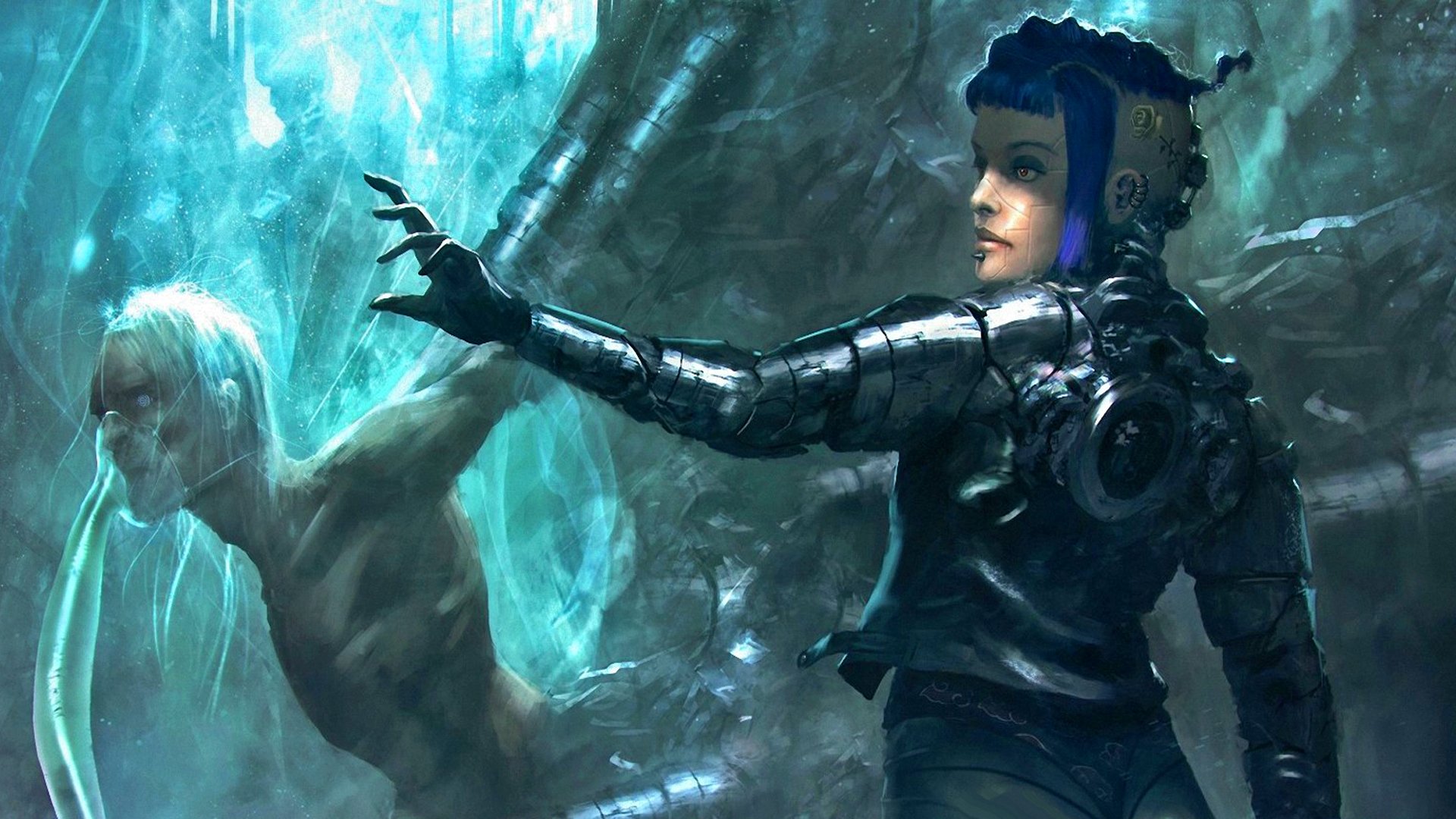 Fantasy magic HD PC desktop wallpaper and background: armored woman with mechanical gear casts a glowing spell in an icy cavern as a translucent figure recoils.