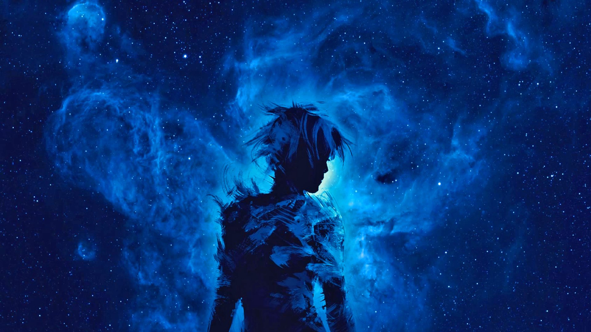 HD fantasy art wallpaper depicting a silhouetted figure surrounded by swirling blue cosmic clouds and stars, creating a mysterious and artistic atmosphere.